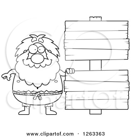 Clipart of a Black and White Cartoon Chubby Hermit Man with Wooden Signs - Royalty Free Vector Illustration by Cory Thoman