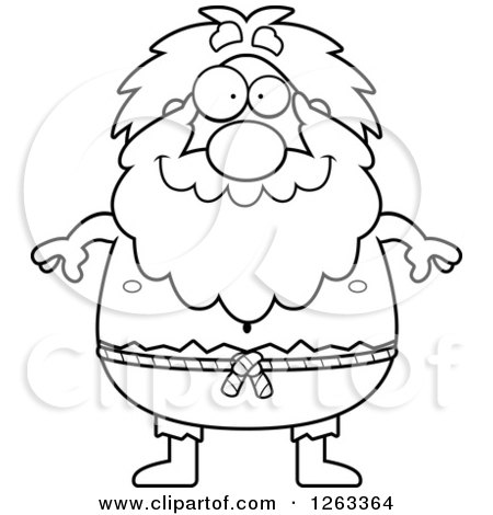 Clipart of a Black and White Cartoon Happy Chubby Hermit Man - Royalty Free Vector Illustration by Cory Thoman
