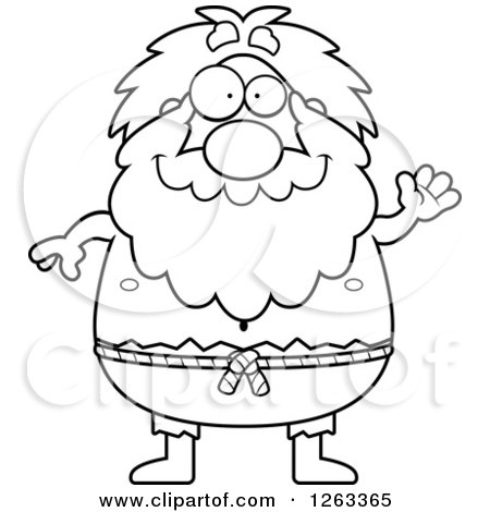 Clipart of a Black and White Cartoon Friendly Waving Chubby Hermit Man - Royalty Free Vector Illustration by Cory Thoman