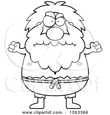 Clipart of a Black and White Cartoon Mad Chubby Hermit Man Holding up Fists - Royalty Free Vector Illustration by Cory Thoman