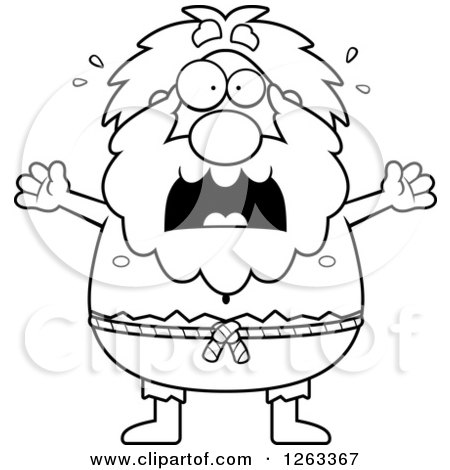 Clipart of a Black and White Cartoon Scared Chubby Hermit Man - Royalty Free Vector Illustration by Cory Thoman