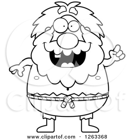 Clipart of a Black and White Cartoon Chubby Hermit Man with an Idea - Royalty Free Vector Illustration by Cory Thoman