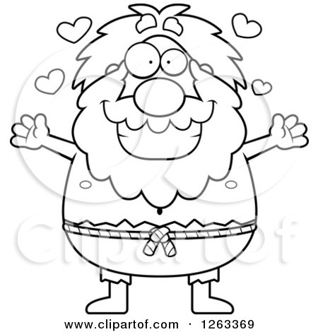 Clipart of a Black and White Cartoon Loving Chubby Hermit Man Wanting a Hug - Royalty Free Vector Illustration by Cory Thoman