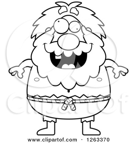 Clipart of a Black and White Cartoon Crazy Chubby Hermit Man - Royalty Free Vector Illustration by Cory Thoman