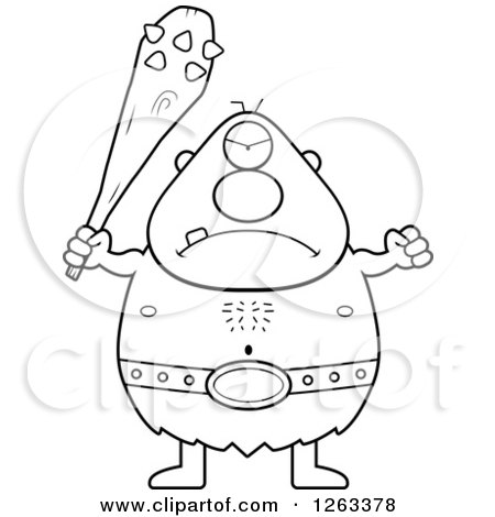 Clipart of a Black and White Cartoon Mad Cyclops Man Holding up a Fist and Club - Royalty Free Vector Illustration by Cory Thoman