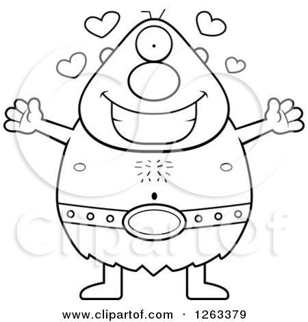 Clipart of a Black and White Cartoon Loving Cyclops Man with Open Arms and Hearts - Royalty Free Vector Illustration by Cory Thoman