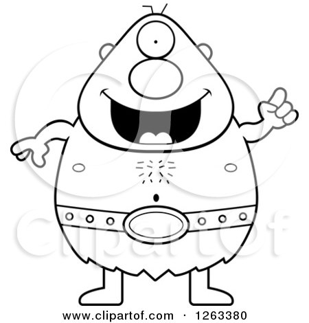 Clipart of a Black and White Cartoon Happy Cyclops Man with an Idea - Royalty Free Vector Illustration by Cory Thoman