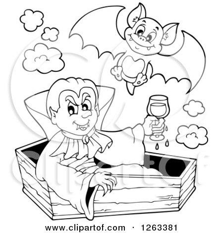Clipart of a Black and White Dracula Vampire Sitting in a Coffin with a Glass of Blood and a Bat - Royalty Free Vector Illustration by visekart