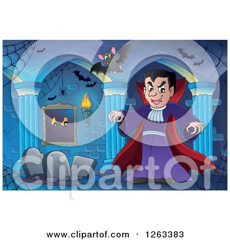 Clipart of a Dracula Vampire with Bats and Tombstones in a Haunted Hallway - Royalty Free Vector Illustration by visekart