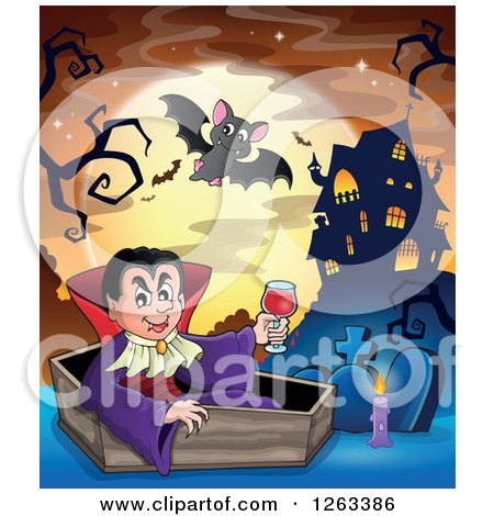 Clipart of a Dracula Vampire Sitting in a Coffin with a Glass of Blood, with Bats, Tombstones and a Haunted House Against a Full Moon - Royalty Free Vector Illustration by visekart