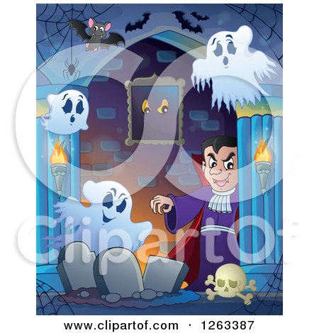 Clipart of a Dracula Vampire with Bats, Ghosts and Tombstones in a Haunted Hallway - Royalty Free Vector Illustration by visekart