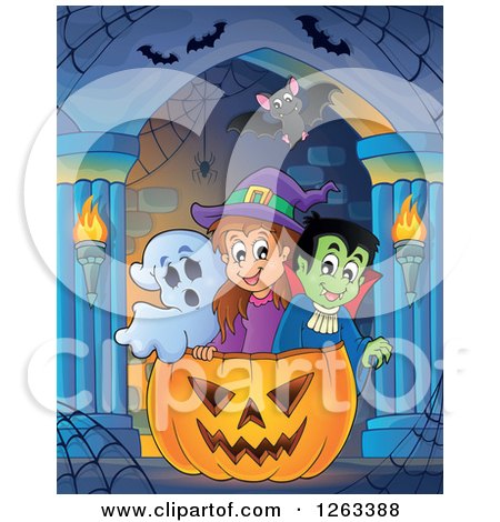 Clipart of a Ghost, Witch and Vampire in a Giant Jackolantern Pumpkin in a Haunted Hallway - Royalty Free Vector Illustration by visekart