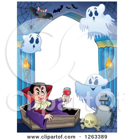 Clipart of a Border of a Dracula Vampire Holding a Glass of Blood and Sitting in a Coffin with Ghosts and Bats in a Haunted Hallway - Royalty Free Vector Illustration by visekart