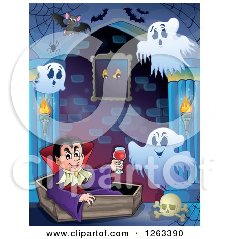 Clipart of a Dracula Vampire Holding a Glass of Blood and Sitting in a Coffin with Ghosts and Bats in a Haunted Hallway - Royalty Free Vector Illustration by visekart