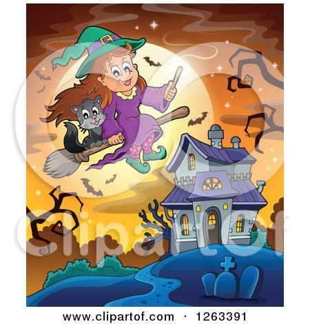Clipart of a Witch and Cat Flying over a Haunted House with a Cemetery Bare Tree and Bats Against a Full Moon - Royalty Free Vector Illustration by visekart