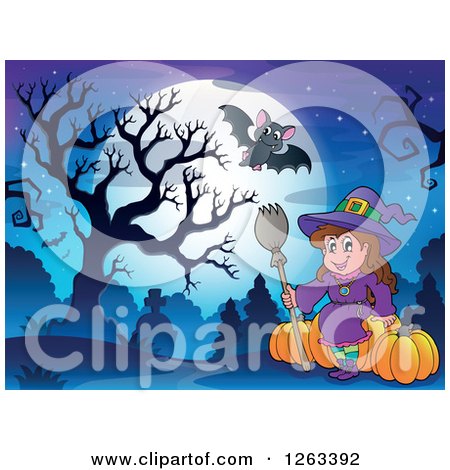 Clipart of a Full Moon with a Witch, Halloween Pumpkins, and Bats over a Cemetery - Royalty Free Vector Illustration by visekart