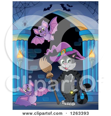 Clipart of a Cat Witch with Vampires Bats in a Haunted Hallway - Royalty Free Vector Illustration by visekart