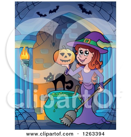 Clipart of a Cat with a Witch Holding a Halloween Jackolantern Pumpkin in a Haunted Hallway - Royalty Free Vector Illustration by visekart