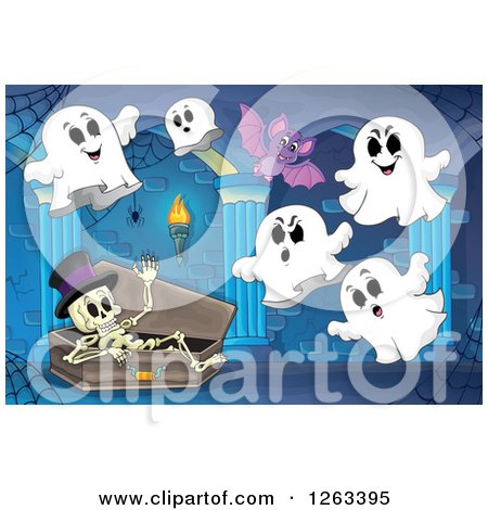 Clipart of a Skeleton in a Coffin, Bat and Ghosts in a Haunted Hallway - Royalty Free Vector Illustration by visekart