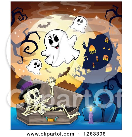 Clipart of a Skeleton in a Coffin with Ghosts at a Cemetery near a Haunted Mansion - Royalty Free Vector Illustration by visekart