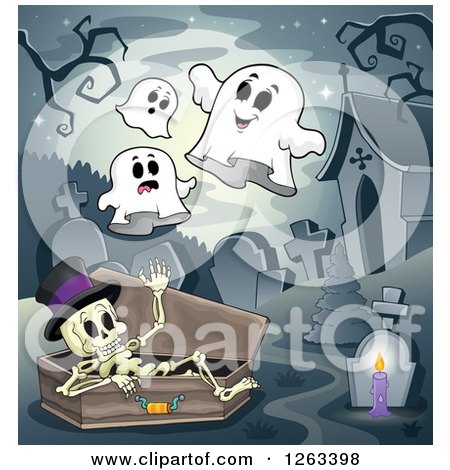 Clipart of a Skeleton in a Coffin with Ghosts at a Cemetery - Royalty Free Vector Illustration by visekart