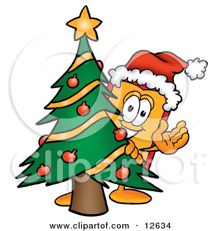 Clipart Picture of a Price Tag Mascot Cartoon Character Waving and Standing by a Decorated Christmas Tree by Mascot Junction