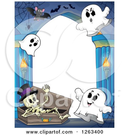 Clipart of a Skeleton in a Coffin with Ghosts and Bats in a Haunted Hallway - Royalty Free Vector Illustration by visekart