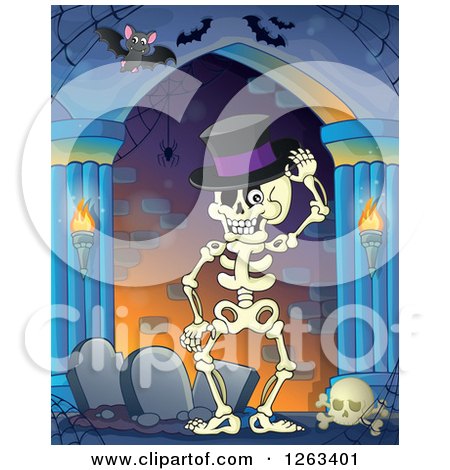 Clipart of a Skeleton Wearing a Top Hat by Tombstones in a Haunted Hallway with Bats - Royalty Free Vector Illustration by visekart