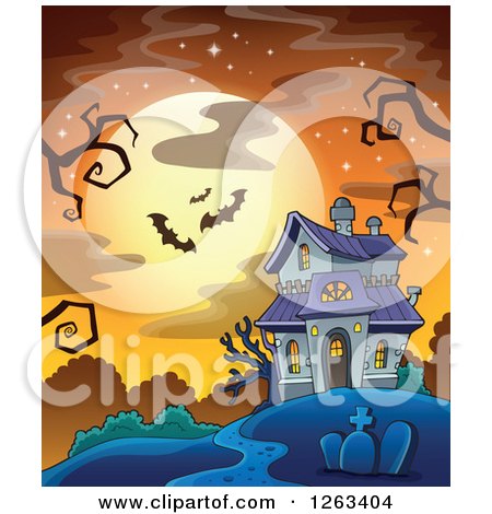 Clipart of a Haunted House with a Cemetery and Bats Against a Full Moon - Royalty Free Vector Illustration by visekart