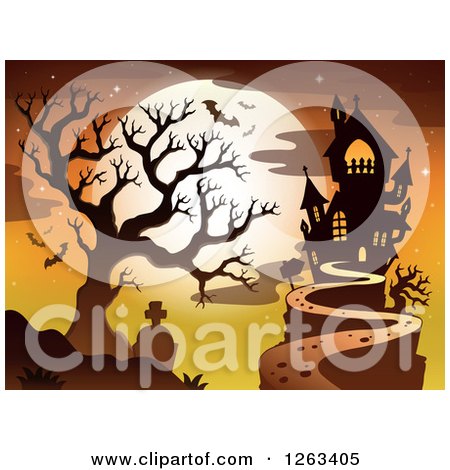 Clipart of a Haunted House with a Cemetery Bare Tree and Bats Against a Full Moon - Royalty Free Vector Illustration by visekart