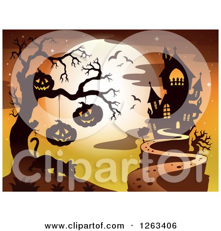 Clipart of a Haunted House with Jackolanterns Hanging on a Tree, Cat and Bats Against a Full Moon - Royalty Free Vector Illustration by visekart