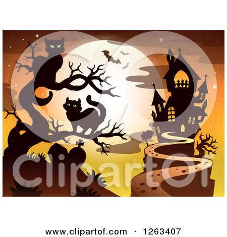 Clipart of a Haunted House with a Cemetery, Cats in a Bare Tree and Bats Against a Full Moon - Royalty Free Vector Illustration by visekart