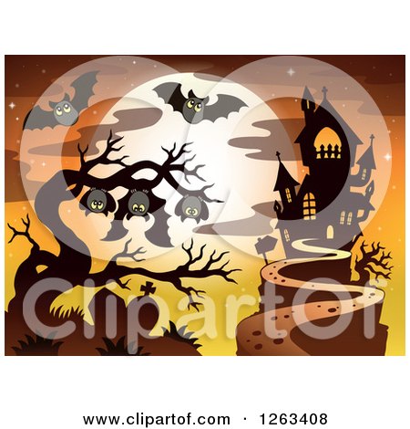 Clipart of a Haunted House with a Cemetery, Bats in a Bare Tree and a Full Moon - Royalty Free Vector Illustration by visekart