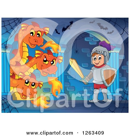 Clipart of a Three Headed Fire Breating Dragon and Knight in a Hallway - Royalty Free Vector Illustration by visekart