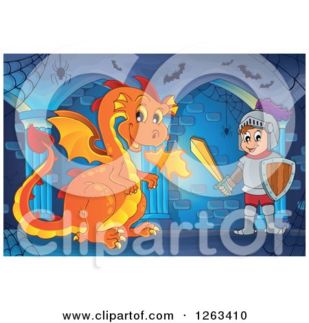 Clipart of a Fire Breating Dragon and Knight in a Hallway - Royalty Free Vector Illustration by visekart