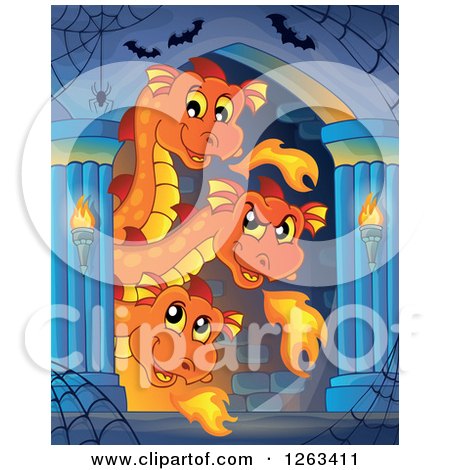 Clipart of a Three Headed Fire Breating Dragon and Bats in a Hallway - Royalty Free Vector Illustration by visekart