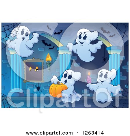 Clipart of Spider Webs, Bats and Festive Ghosts in a Haunted Hallway - Royalty Free Vector Illustration by visekart