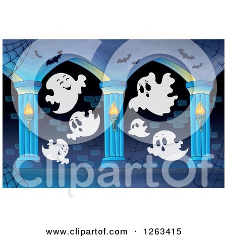 Clipart of Spider Webs, Bats and Ghosts in a Haunted Hallway - Royalty Free Vector Illustration by visekart