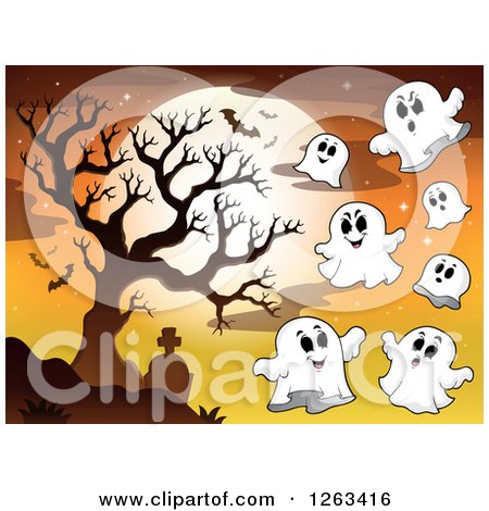 Clipart of a Full Moon with Bats and Ghosts over a Bare Tree and Cemetery - Royalty Free Vector Illustration by visekart