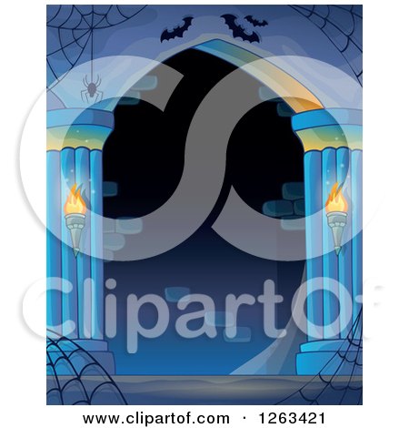 Clipart of a Haunted Hallway with Spider Webs and Bats - Royalty Free Vector Illustration by visekart