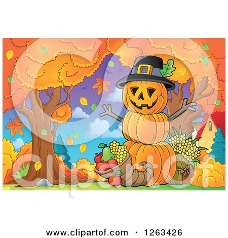 Clipart of a Stacked Jackolantern Pumpkin Man with Autumn Produce and Trees - Royalty Free Vector Illustration by visekart
