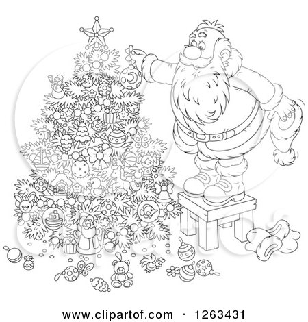 Clipart of a Black and White Santa Standing on a Stool and Decorating a Christmas Tree - Royalty Free Vector Illustration by Alex Bannykh
