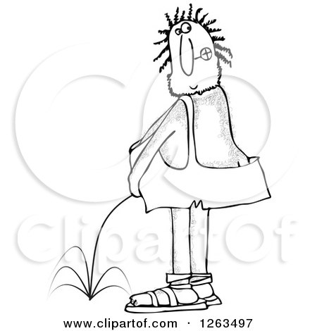 Clipart of a Black and White Hairy Caveman Peeing and Looking Back - Royalty Free Vector Illustration by djart