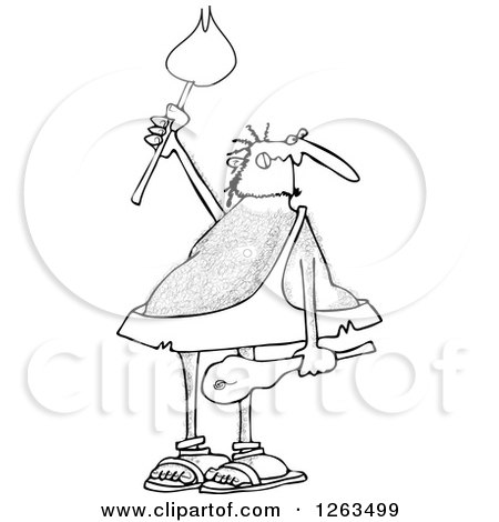 Clipart of a Black and White Hairy Caveman Holding a Torch - Royalty