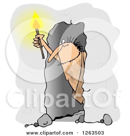 Clipart of a Caveman Holding a Torch in a Cave - Royalty Free Illustration by djart