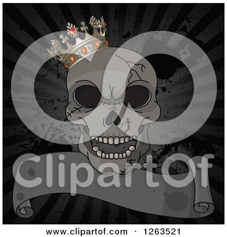 Clipart of a Laughing Cracked Human Skull with a Crown over a Distressed Ribbon Banner and Rays - Royalty Free Vector Illustration by Pushkin