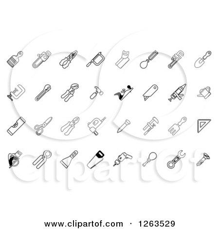 Clipart of Black and White Tool Icons - Royalty Free Vector Illustration by AtStockIllustration