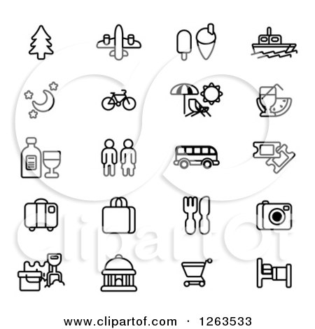 Clipart of Black and White Tourist Icons - Royalty Free Vector Illustration by AtStockIllustration