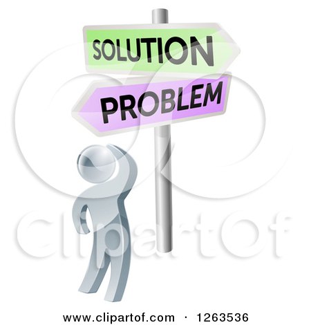 Clipart of a 3d Silver Man Looking up at Problem and Solution Signs - Royalty Free Vector Illustration by AtStockIllustration