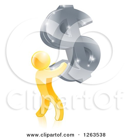 Clipart of a 3d Gold Man Holding up a Giant Silver USD Dollar Symbol - Royalty Free Vector Illustration by AtStockIllustration